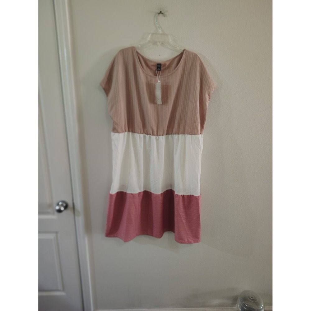 Emery Rose 4XL Colorblock Tiered Shift Dress Tan White Pink Short Sleeve NWT